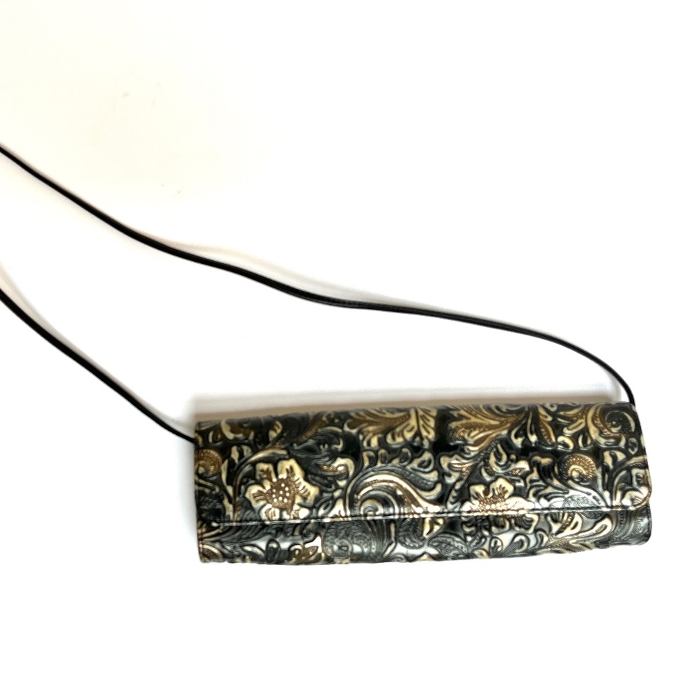 Beautiful Carlos Falchi black and bronze tooled long leather handbag